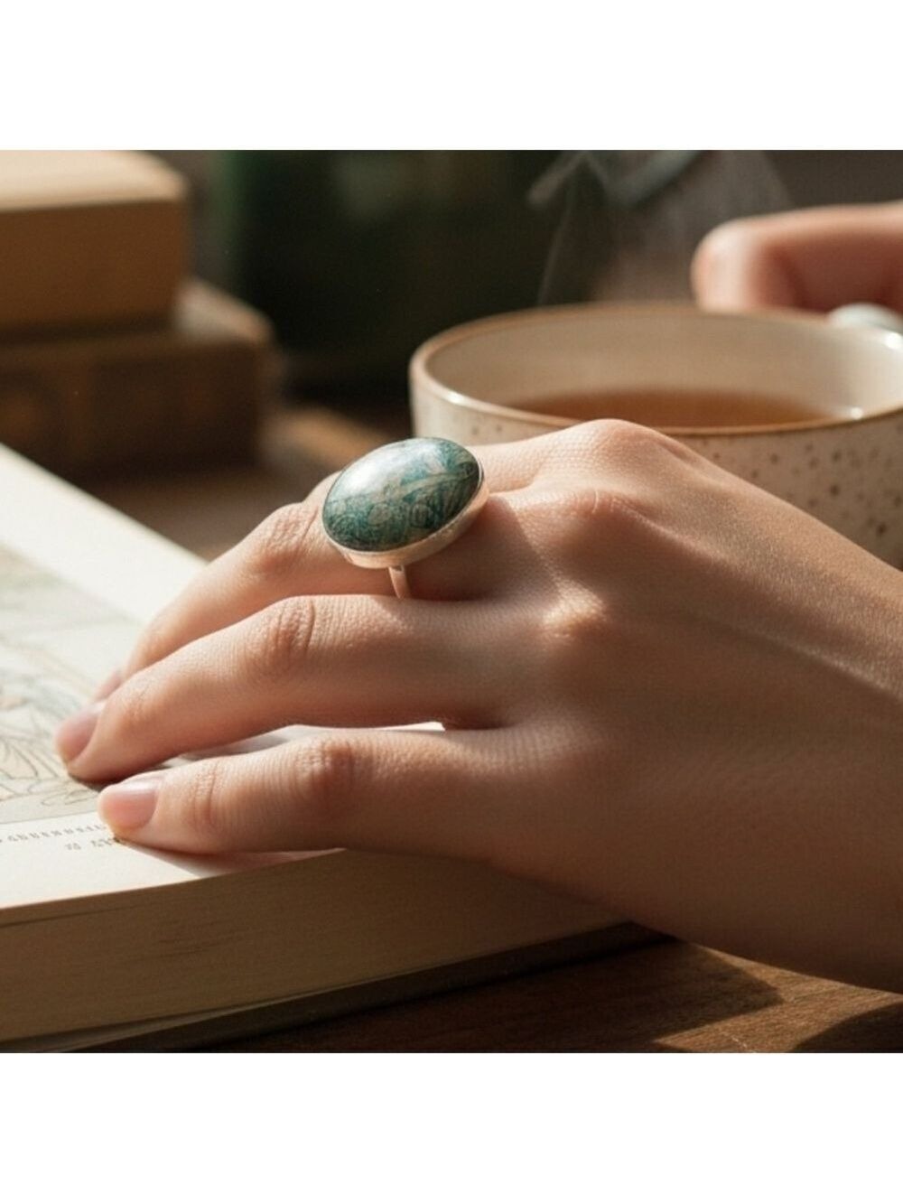 Artisan made green stamp ring silver. Size 5